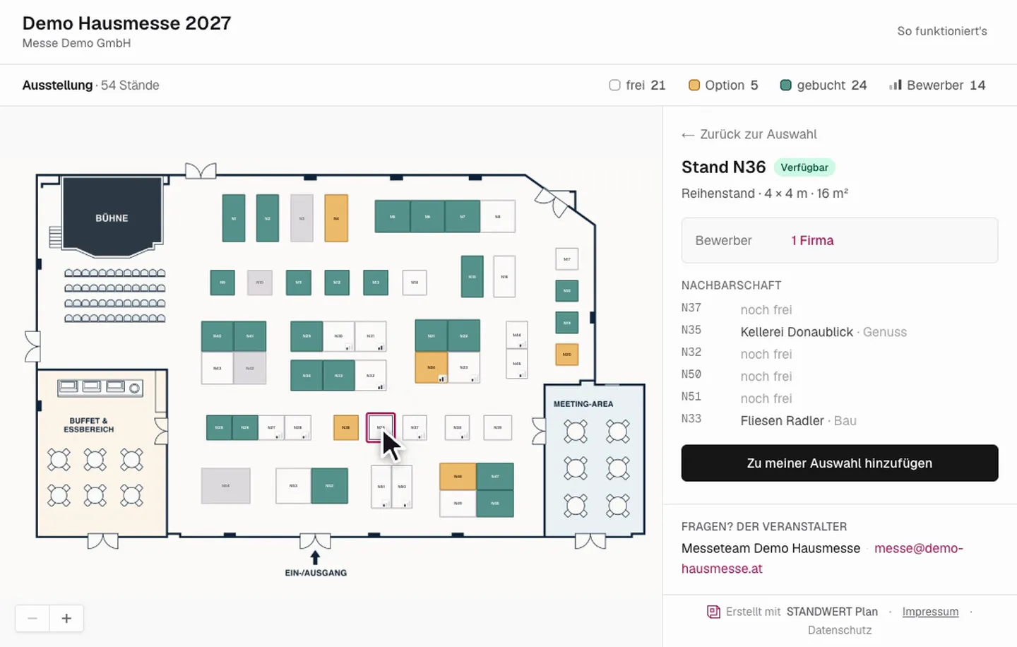 PLAN: Ausstellersicht der Standvergabe mit Hallenplan